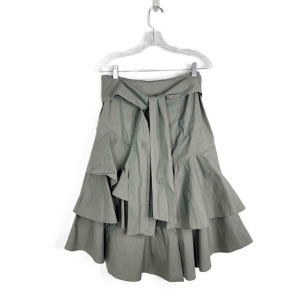 Vince Camuto Green Tiered Ruffle Belted Poplin Midi A Line Skirt Womens Size 2 - Picture 1 of 8